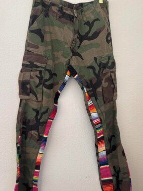 Camo cotton cargo pants with colorful striped trim along the sides, size 29